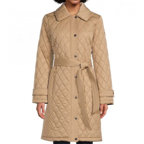 MICHAEL KORS BEIGE DETACHABLE HOOD BELTED COAT